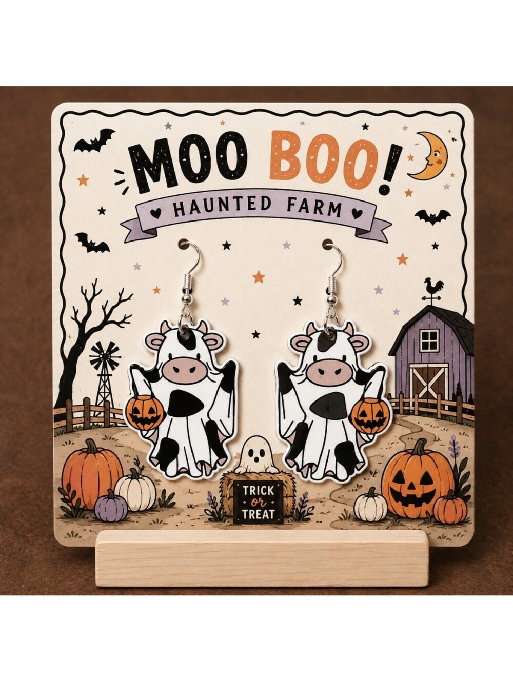 Moo Boo Haunted Farm Cow Ghost Halloween Earrings